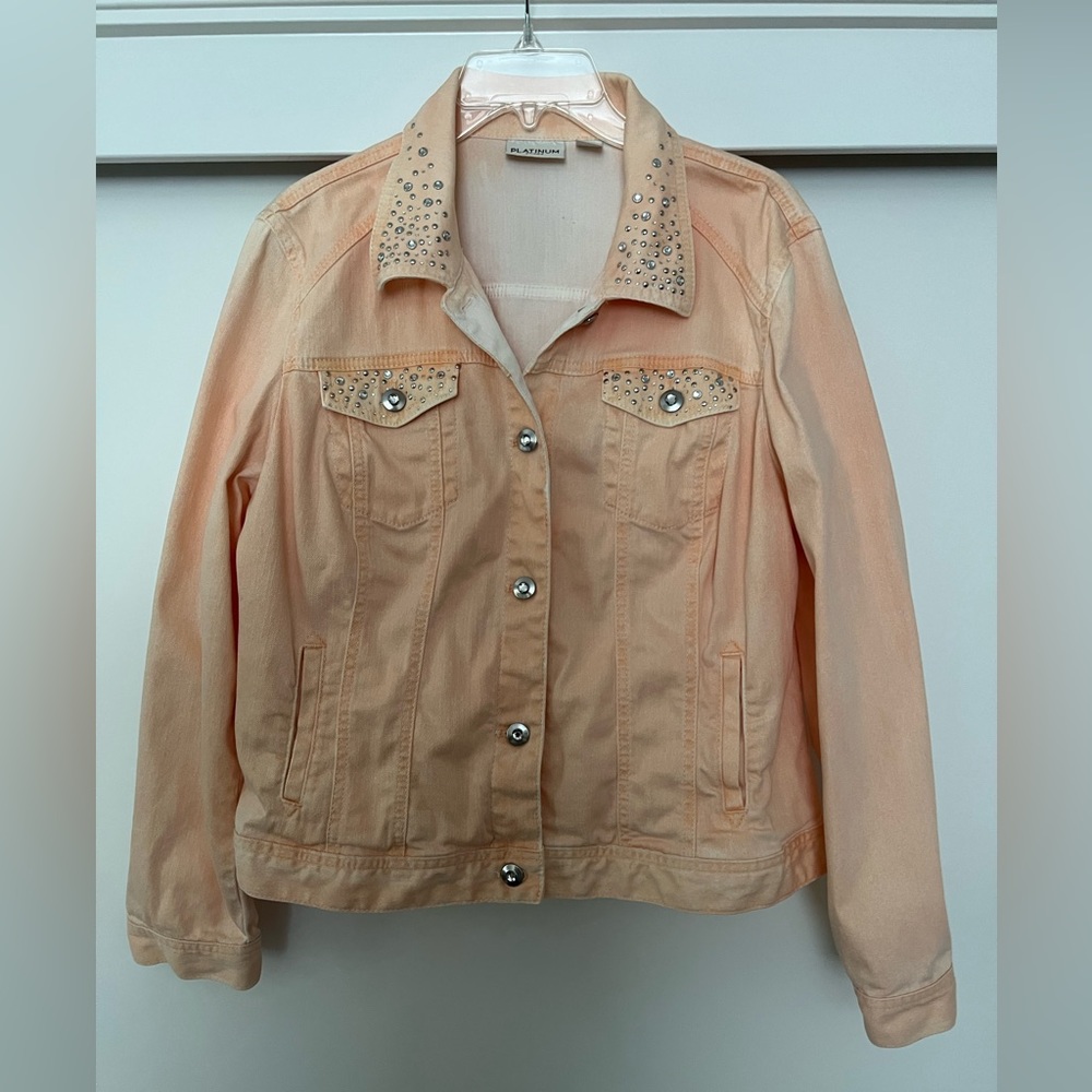 Chico’s Platinum Peach Studded Button down Jean Jacket Size L
